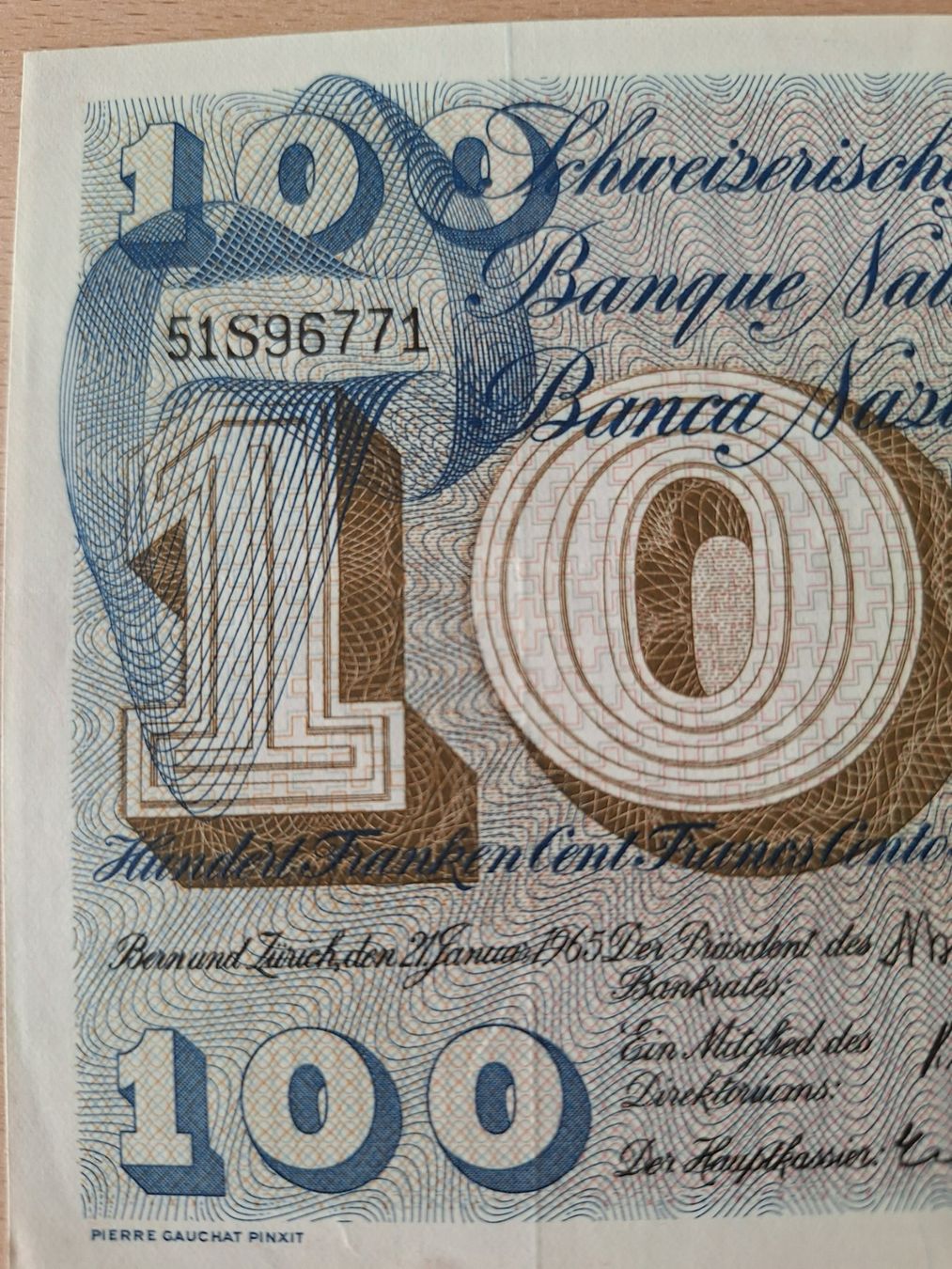 Banknoten: Schweizer Banknote 100.00 Franken, JG 1965 – Gebraucht aus Lohn-Ammannsegg von Beo71 2