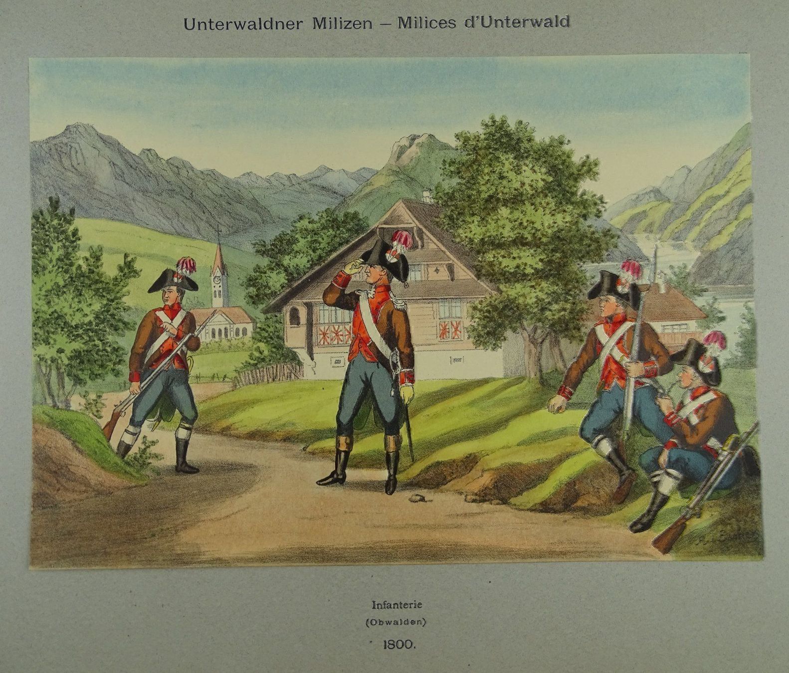 Grafiken & Lithographien: UNTERWALDNER MILIZEN LITHOGRAPHIE ~1890 – Gebraucht aus Grüningen von Kartensammler