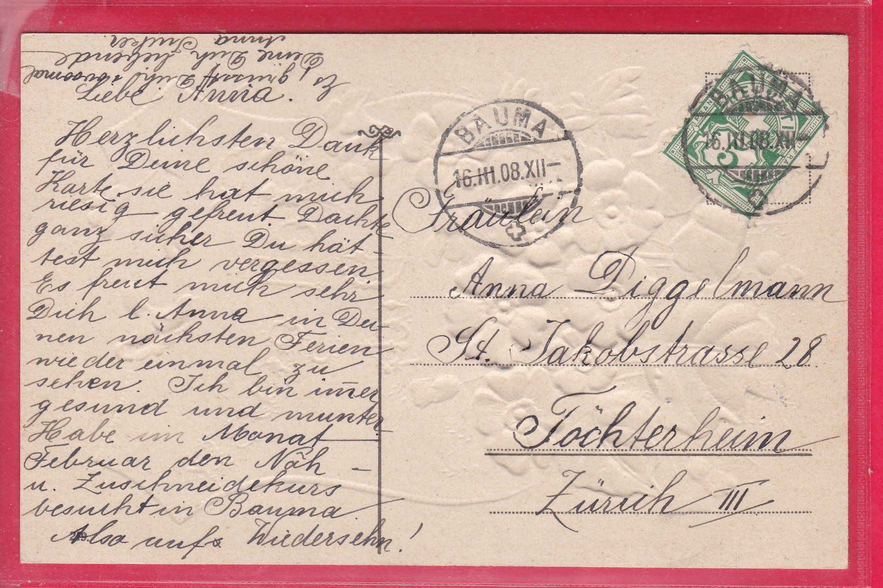 Cartoline postali: PRÄGEKARTE, GOTT GRÜSSE DICH, 16.3.1908 – Usato da Oberrieden venduto da Gebirgsstelze 1
