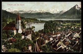 AK Thun, Teilansicht mit Kirche und den Alpen