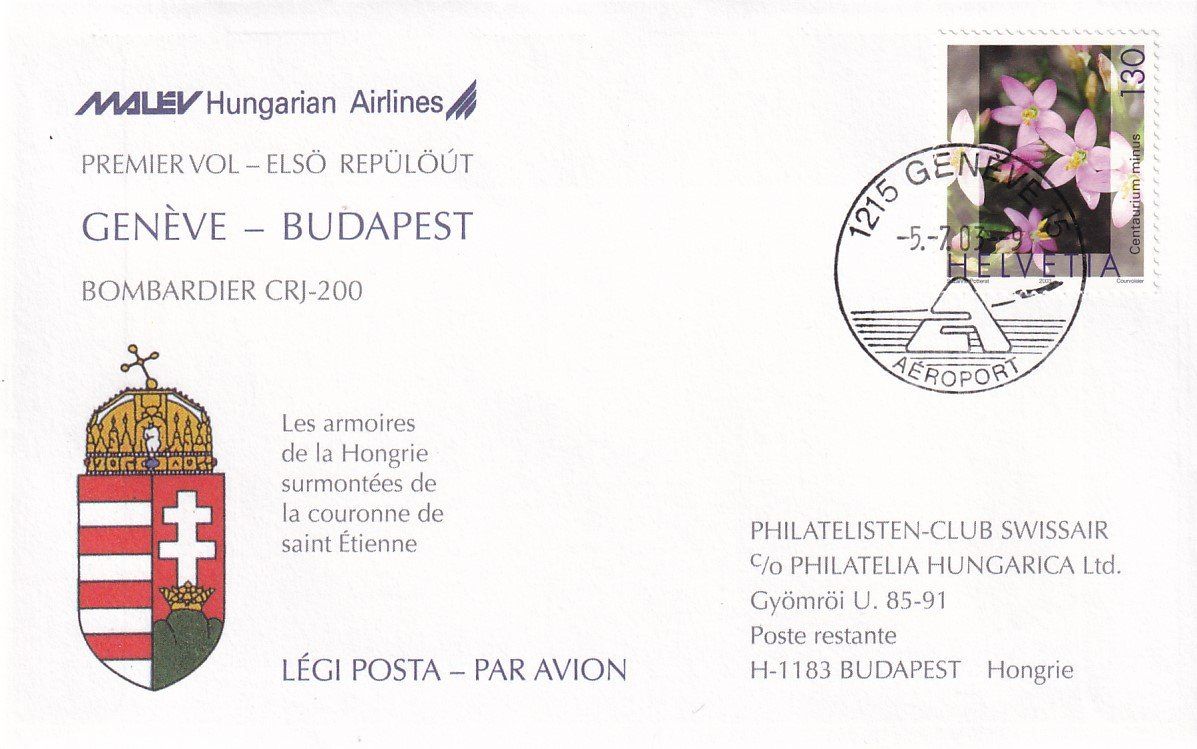 Tutti i francobolli: Erstflug MALEV Genf - Budapest  2003 – Usato da Baar venduto da Asmara111