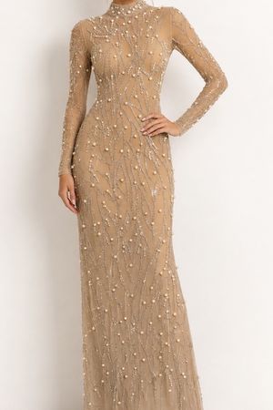 Abendkleid beige lang mit Perlenbesatz gebraucht