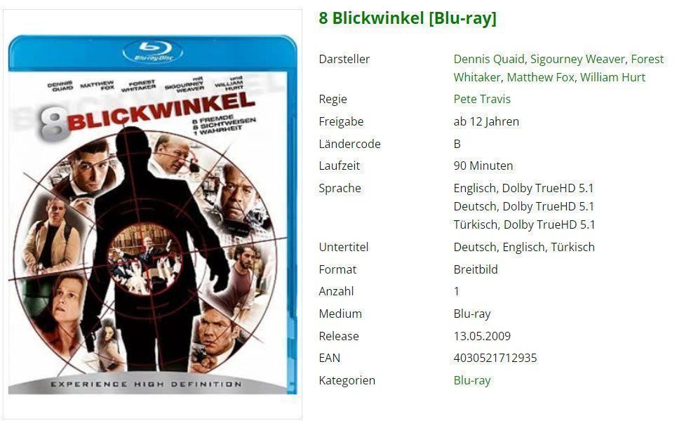 Tutti i DVDs: 8 Blickwinkel [Blu-ray] – Usato da Buchrain venduto da Sssschaller