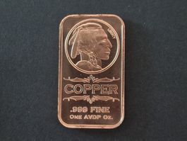 USA 1 Oz .999 Copper bar, Indian Head