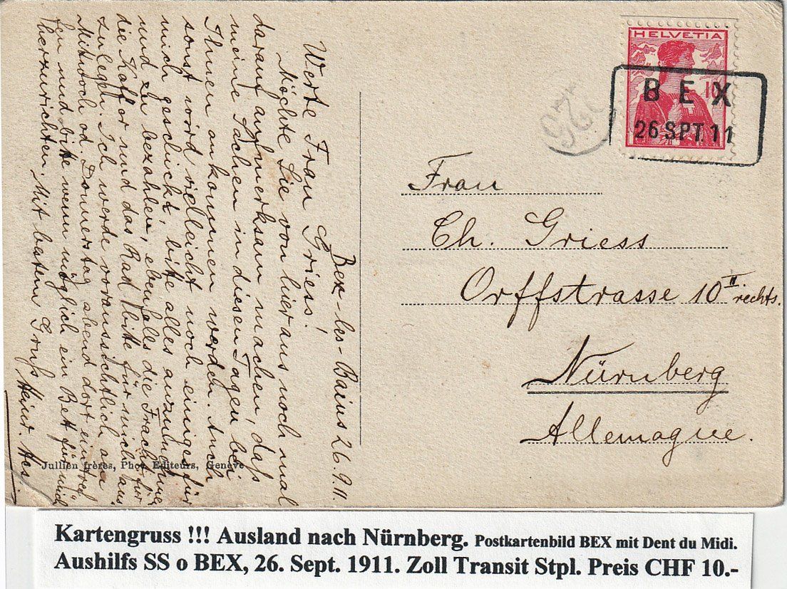 Tutti i francobolli: 1911 AK Bex - Nürnberg mit Zoll Transit Stpl. – Usato da Arlesheim venduto da gaugi43