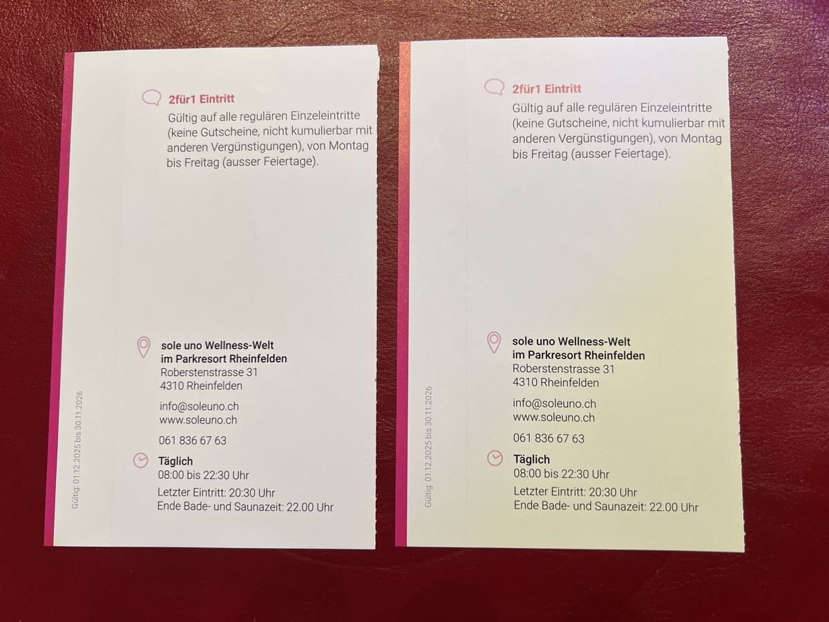 2 für 4 Eintritt ins Sole Uno bis 30.11.2026 (Neu und originalverpackt ...