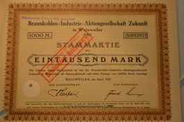 Aktie Braunkohlen=Industrie=AG in Weisweiler  Nr. 033972