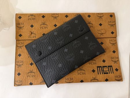 MCM Pouch Set Cognac Black Leather Monogram Clutch Set