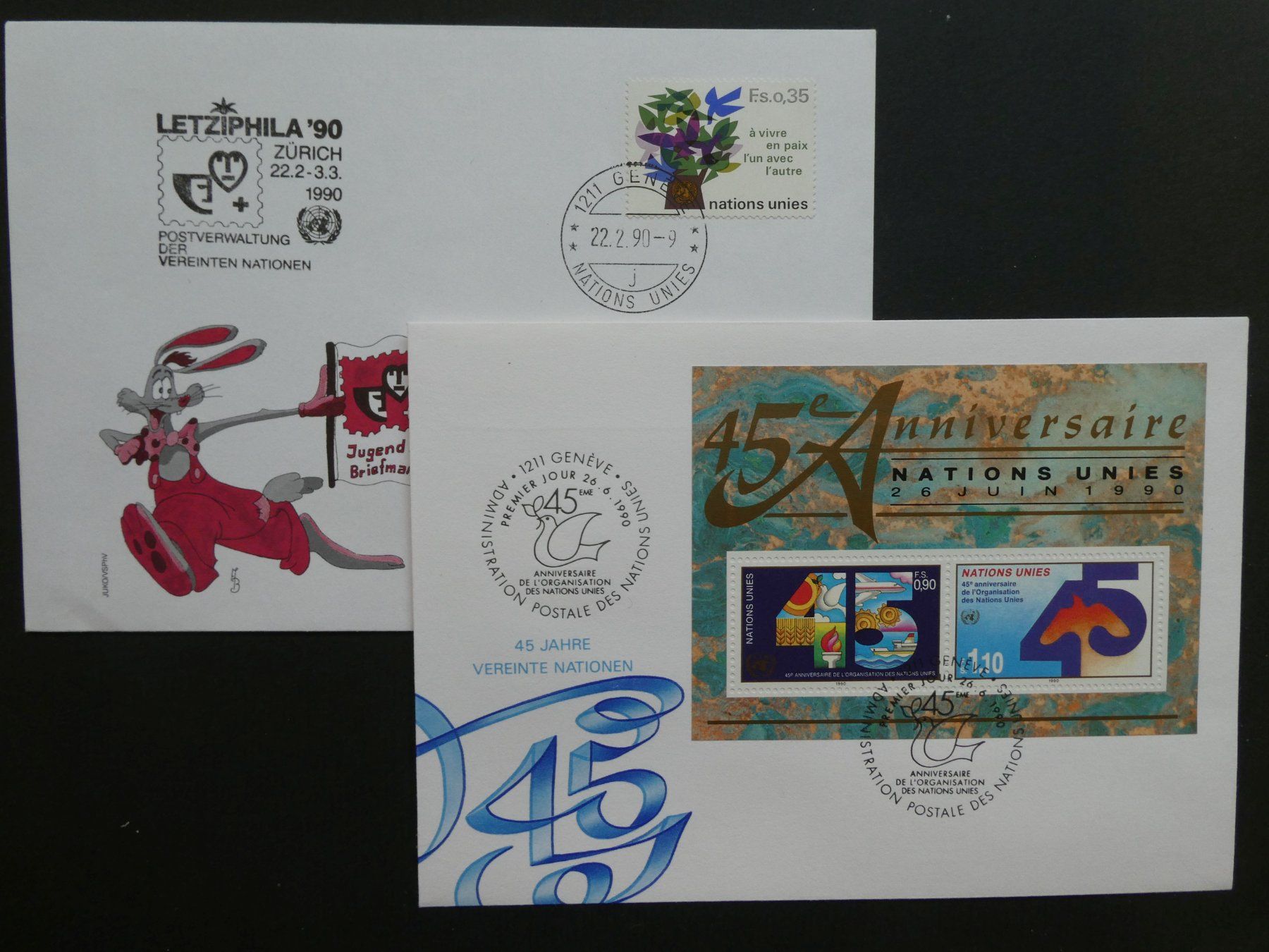 Tutti i francobolli: UNO Genf 1990 FDC 2 Stück, Format ca. 16 x 11.5 cm – Usato da Sissach venduto da eriluz