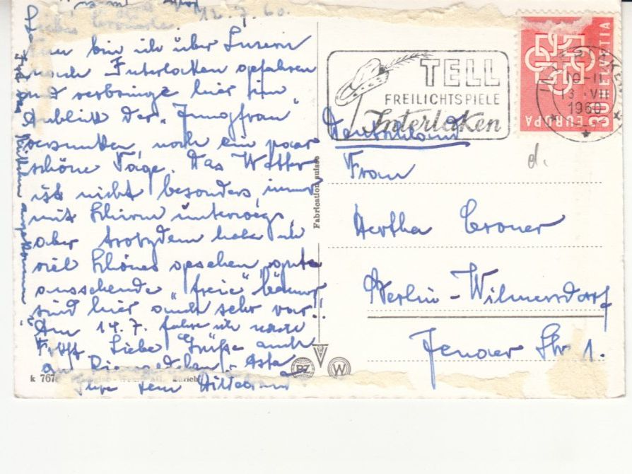Cartoline postali: Interlaken 1960 – Usato da Bürglen TG venduto da StampGraf 1