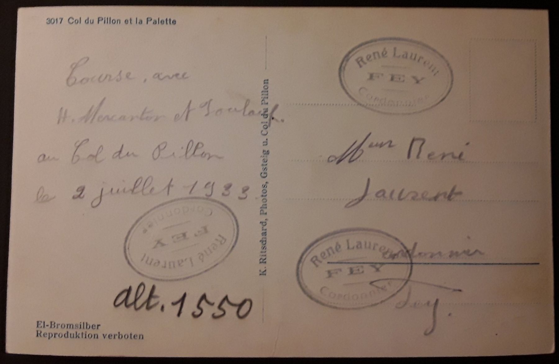 Ansichtskarten: 1933: Carte du Col du Pillon – Gebraucht aus Walperswil von Tcheidi 1