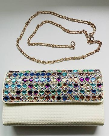 Abendtasche / Clutch, Off-White,Mehrfarbigeschmucksteinen