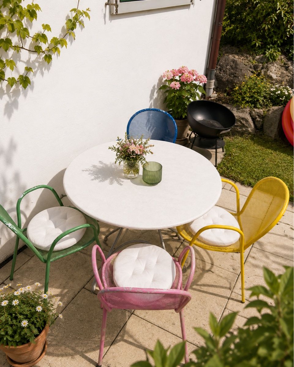 Set de table et chaises: Gartentisch rund weiss mit 4 farbigen Stühlen – D'occasion à Sünikon par R.K.E. 1