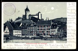 Lithographie Schaffhausen, Ortspartie mit Munoth vom Wasser 