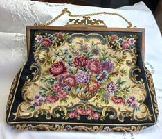 Antike Handtasche Gobelin Blumenmuster mit Kette 