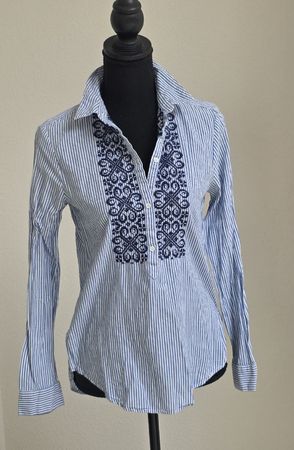 Strickbluse Damen Gr. XS blau-weiss gestreift mit Stickerei