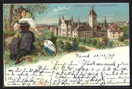 Litho Zürich, Frau in Trachten vor dem 