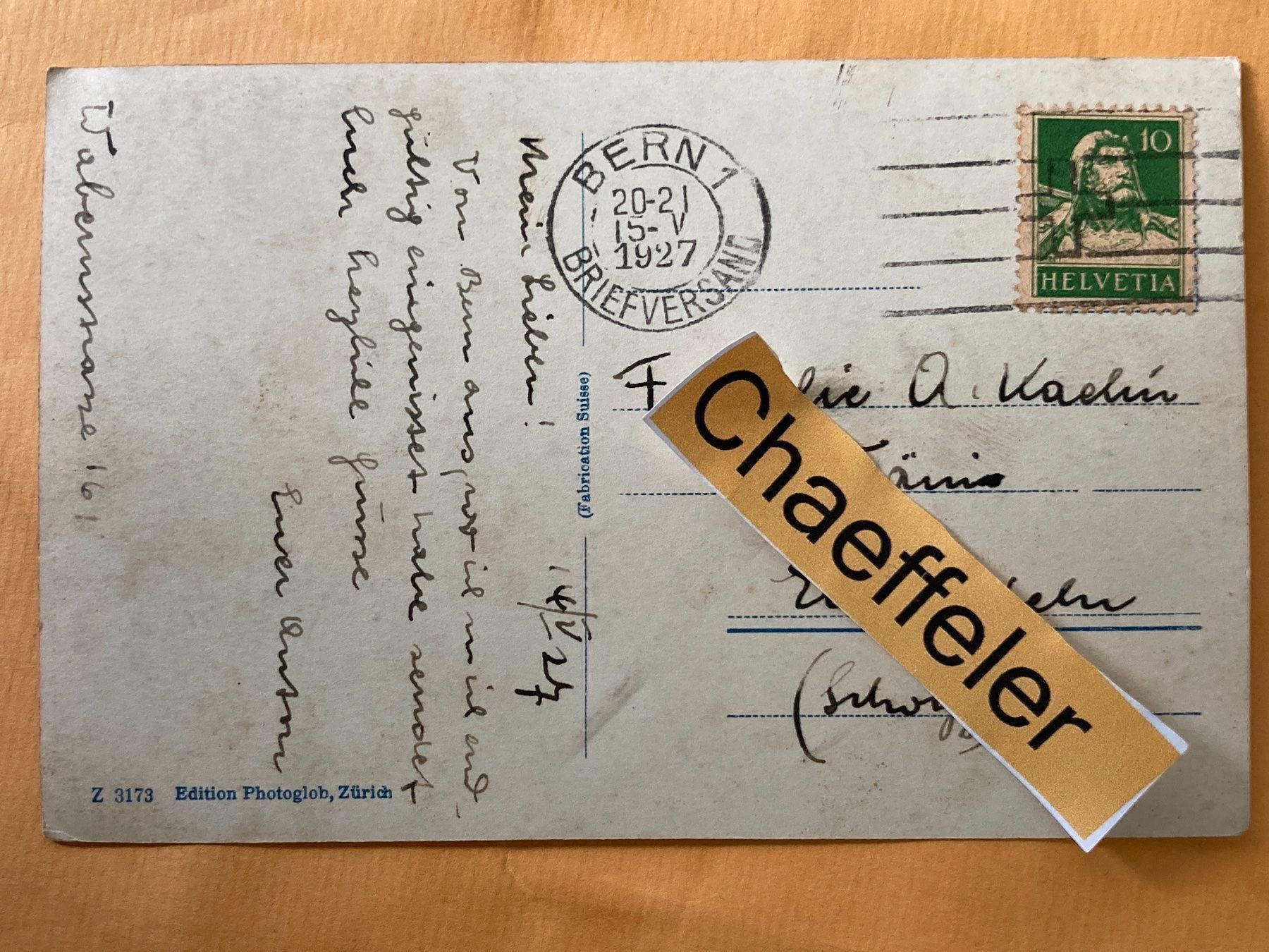 Ansichtskarten: 1927 Bern, Zeitglockenturm und – Gebraucht aus Zürich von Chaeffeler 1