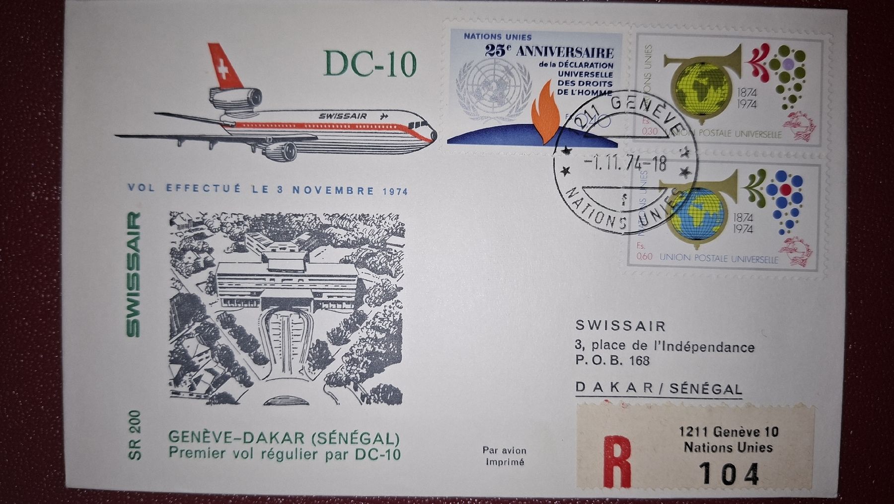 Alle Briefmarken: Swissair Geneve - Dakar 01.11.1974 – Gebraucht aus Balgach von SIMEON27