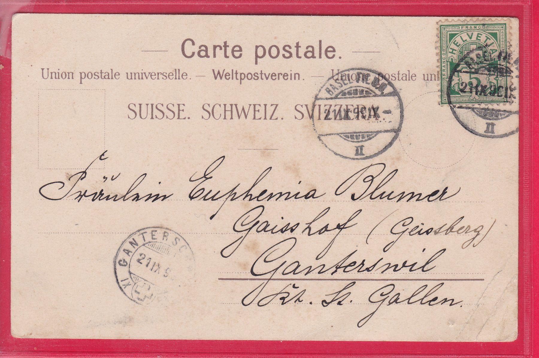 Cartoline postali: GRUSS AUS BASEL, 21.9.1899 – Usato da Oberrieden venduto da Gebirgsstelze 1