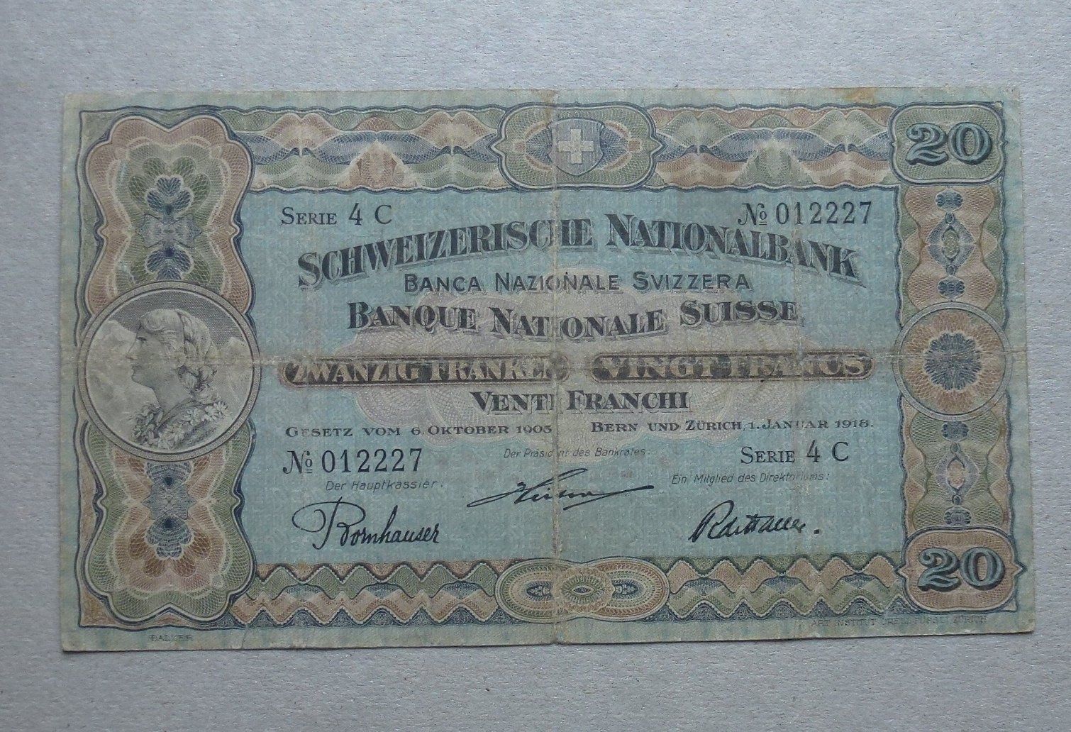 Banconote: ++ 20 Franken 1. Januar 1918, selten – Usato da Walkringen venduto da Casablanca777