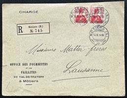 1914 Einschreiben Môtiers-Lausanne, 2x 10 Rp, Behördenbrief