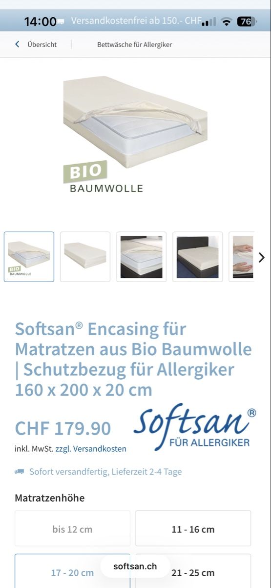 Biancheria da letto: Softsan Encasing 160x200, Bio Coton, Protection Allergies – Usato da Genève venduto da onemansvoice