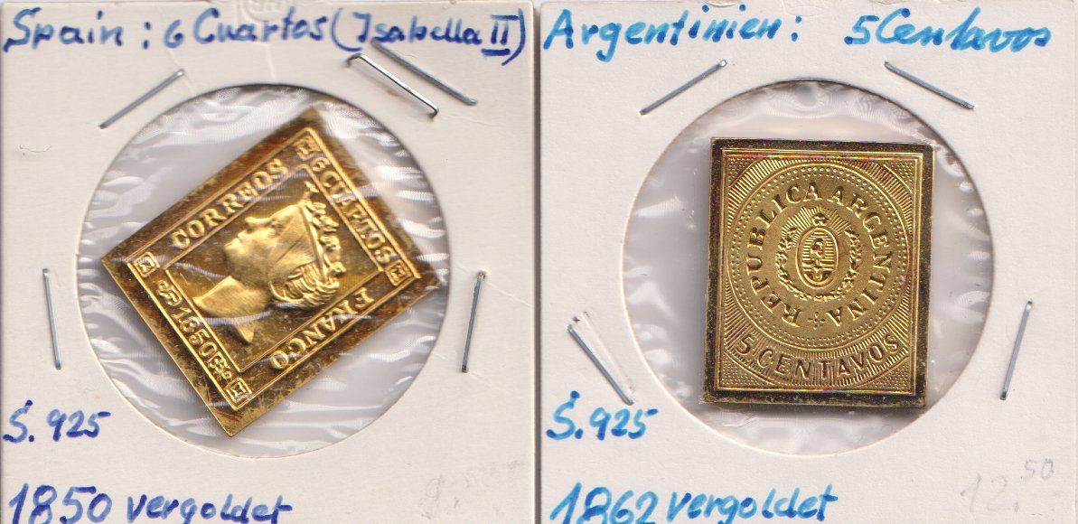 Tutti i francobolli: 2 Silber-Briefmarken vergoldet – Usato da Eschlikon TG venduto da PhilCon