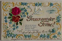 Jugendstil, Seide, Gruss aus Ferne, Rosen, Taube, Liebe