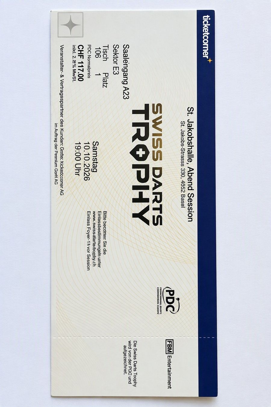 Biglietti: Ticket Swiss Darts Trophy Basel 10.10.2026 – Nuovo (secondo la descrizione) da Oberdiessbach venduto da michu2205