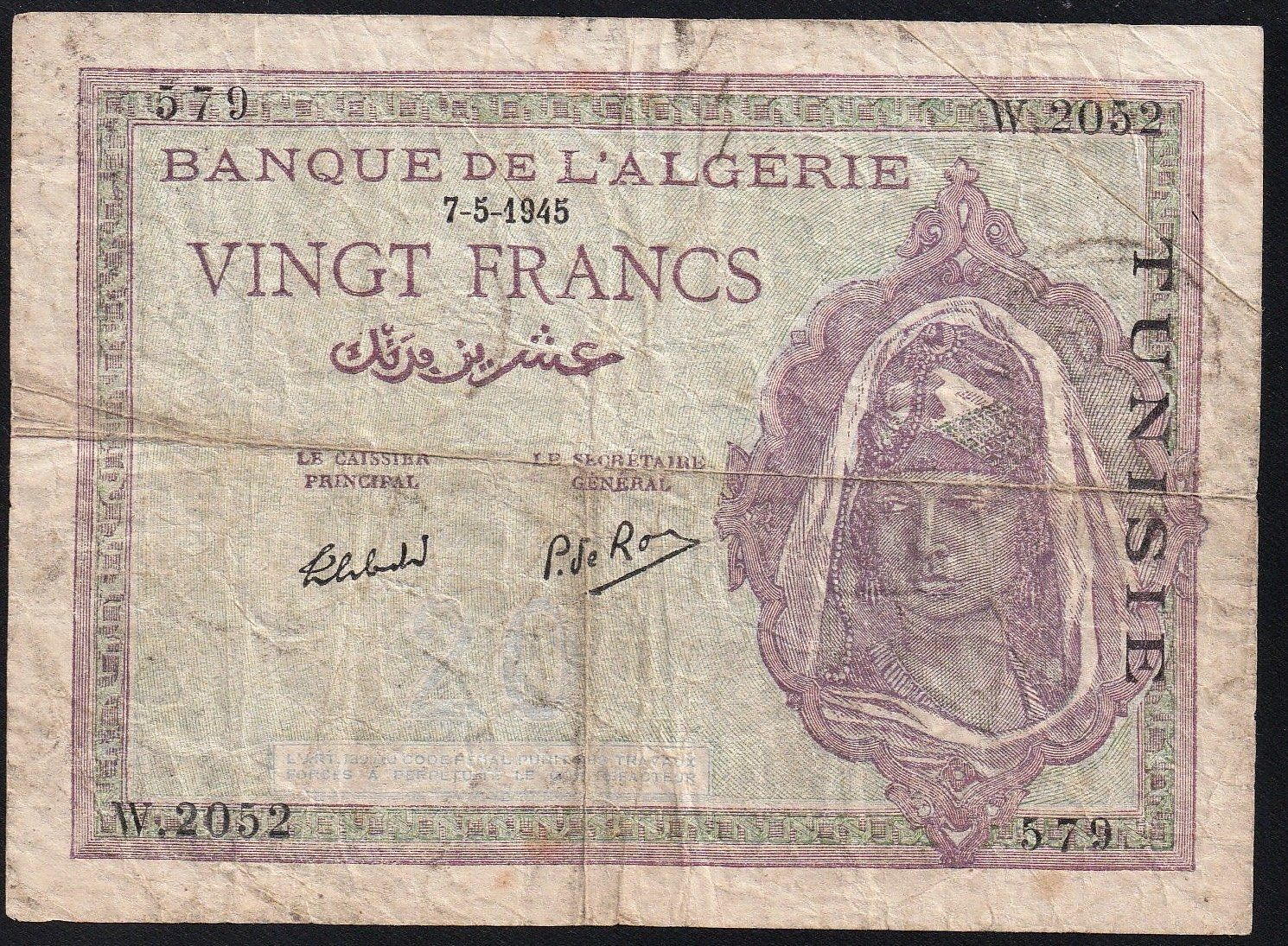 Banknoten: Tunesien 20 Francs 1945 – Gebraucht aus Brugg AG von banknoten_muesli