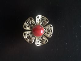 Vintage Filigree Gold Tone Red Rhinestone Flower Brooch Pin