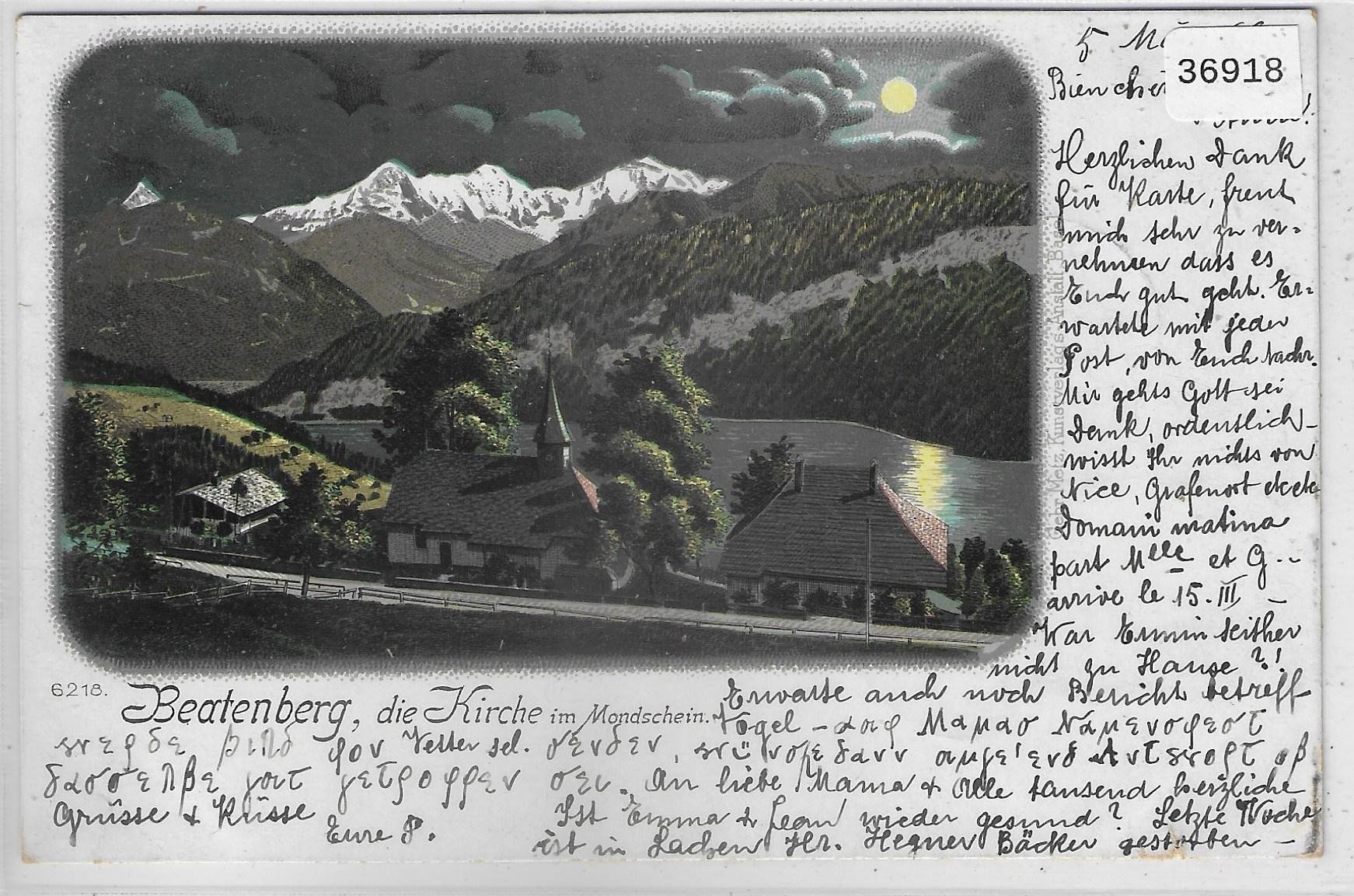 Cartoline postali: Beatenberg, die Kirche im Mondschein - Litho 1899 – Usato da Ettingen venduto da Kartenplanet