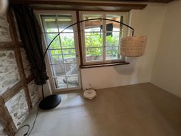 Bogenlampe mit Lampenschirm beige Metallfuss