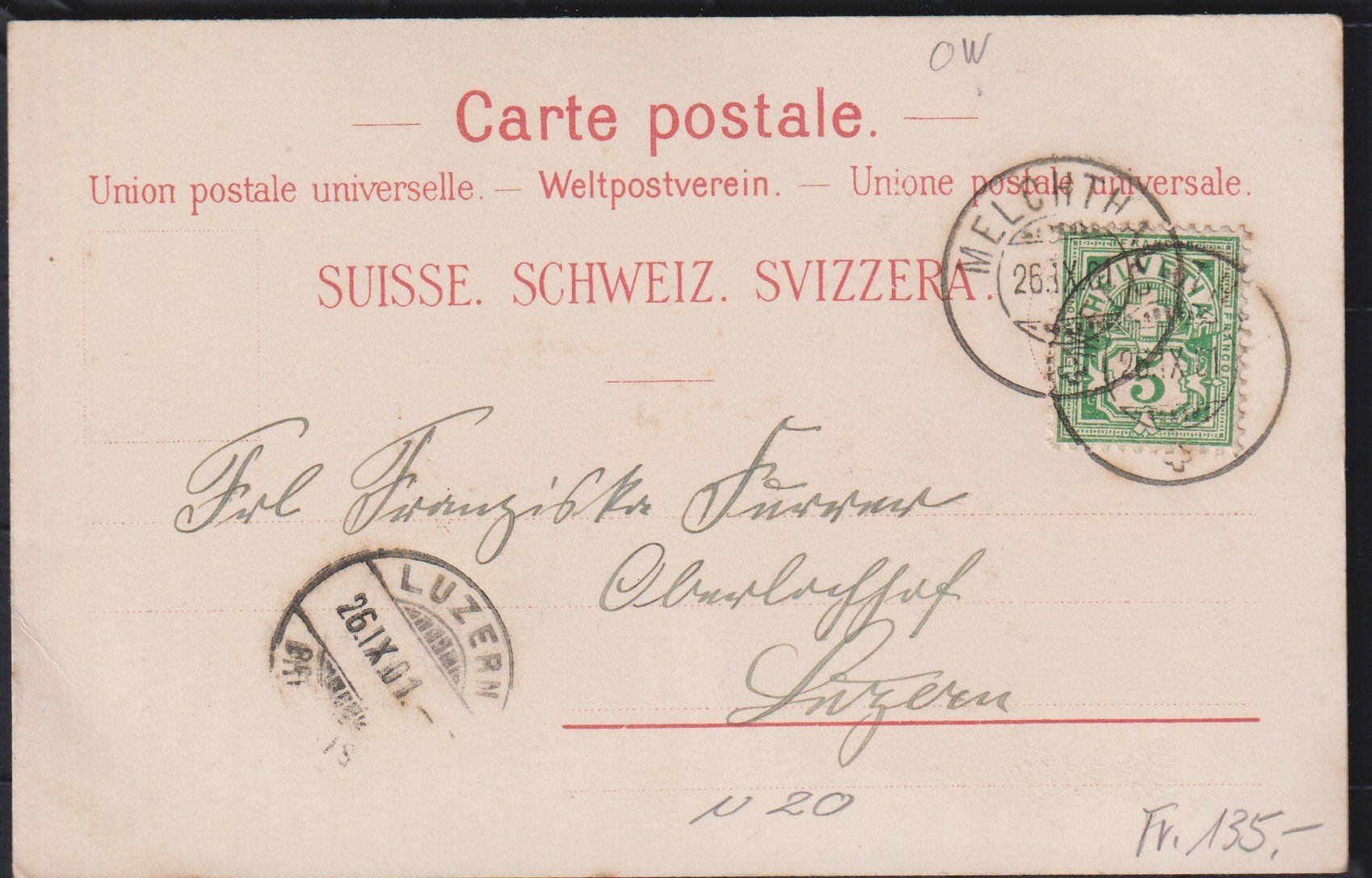 Cartoline postali: Melchtal  OW   -   alte Litho - Ansichtskarte von 1901 – Usato da Vitznau venduto da Ropaku 1