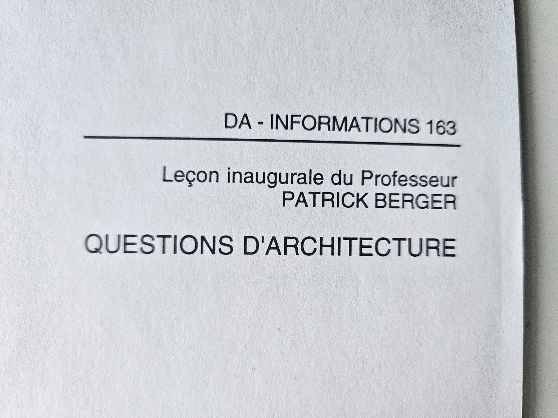 Bücher: Leçon inaugurale de Patrick Berger, EPFL 1995 – Gebraucht aus Echandens von annegug