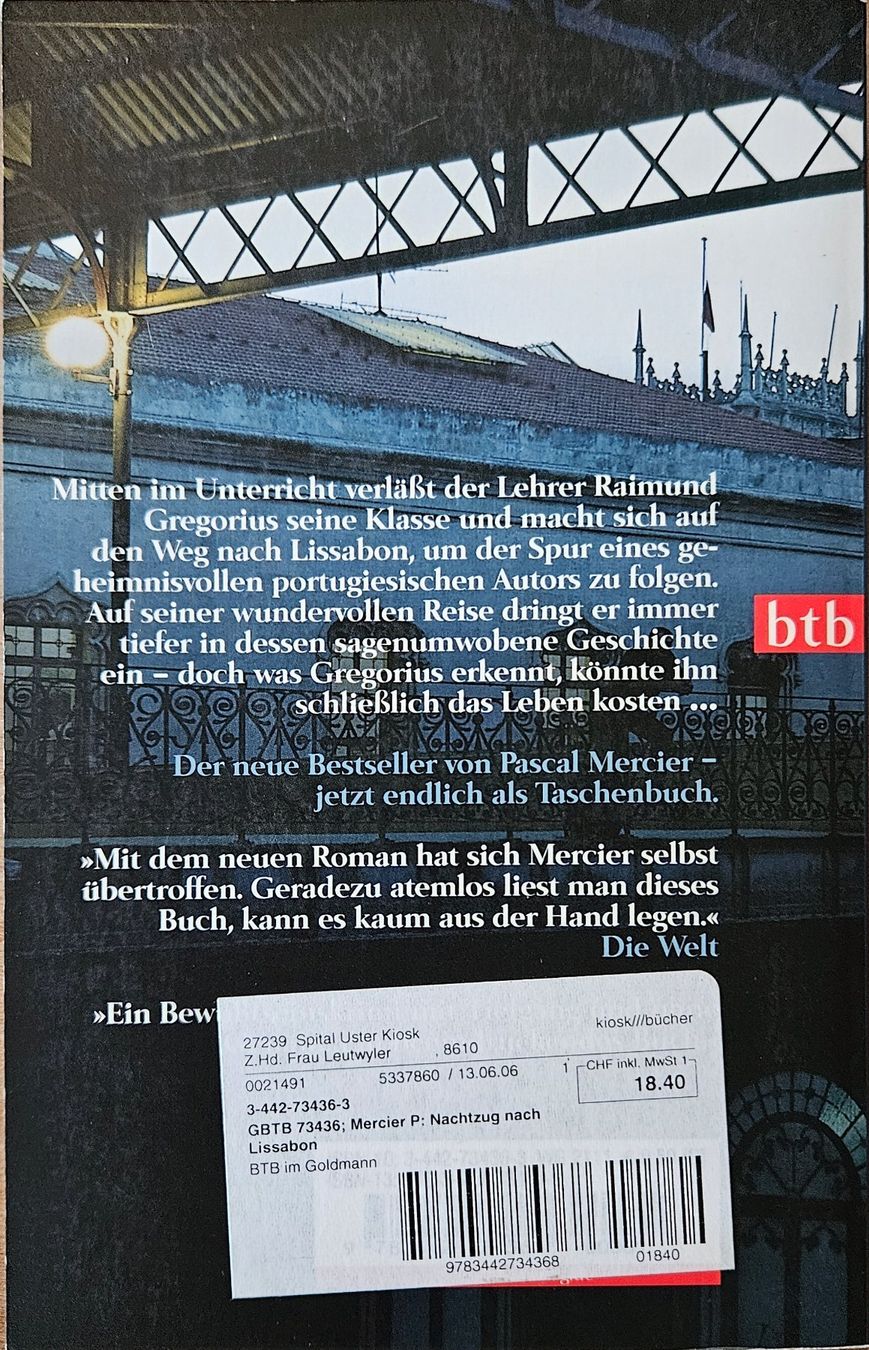 Libri: Pascal Mercier - Nachtzug nach Lissabo – Usato da Hinwil venduto da brucha01 1