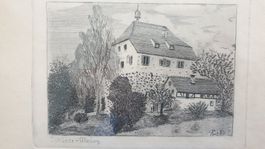 Schloss Oberberg. Kupferstich. Rahmen über Eck vergoldet.