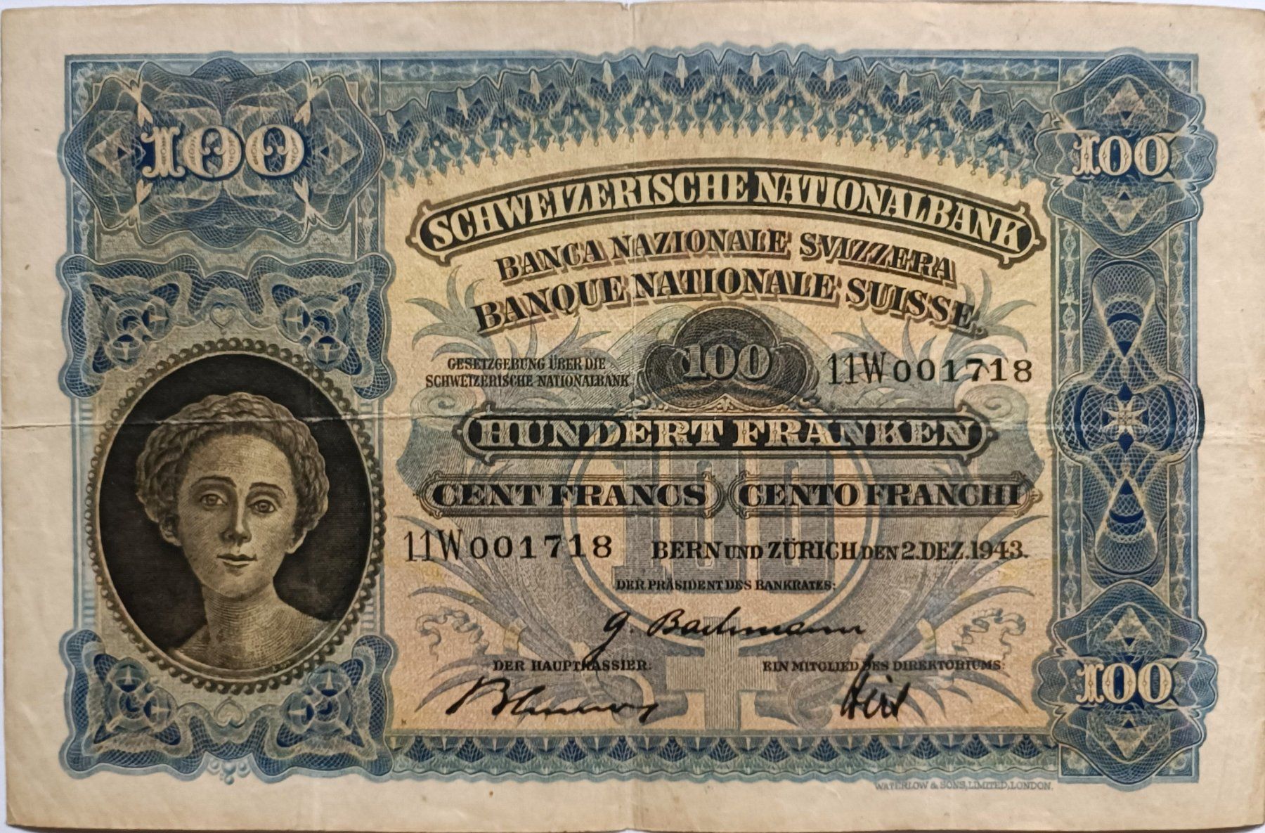 Banknoten: ALTE schöne 100 Fr.- Schweizer Note 2.Dez.1943 TYP Mäher – Gebraucht aus Glis von MYS-Wallis2020 6