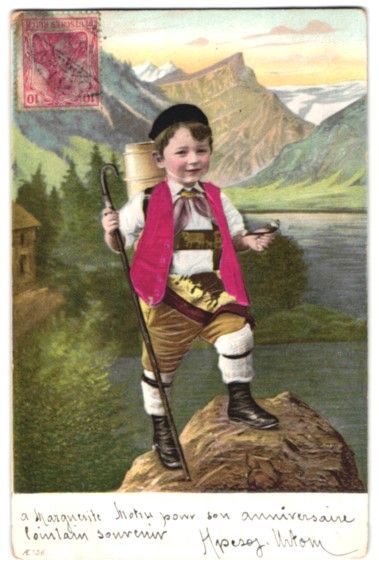 Cartoline postali: Stoff-Präge-AK Schweizer Bub mit Weste  – Usato da Berlin venduto da bartko-reher