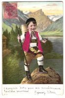 Stoff-Präge-AK Schweizer Bub mit Weste 