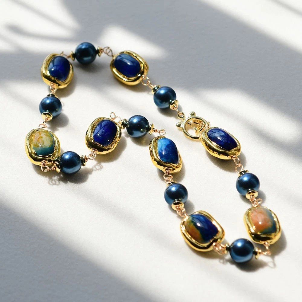 Catenine: Blau Achat Perlmutt Kette Echt Collier Agate Perle nacre – Nuovo (secondo la descrizione) da Prilly venduto da ilyria73 5