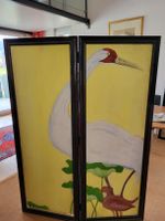 Vintage paravent mit Vogel Motiven, gemalt, Kunstobjekt
