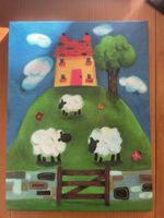 Niedliches Kinderzimmerbild, Leinwand, gemalt, Schafe.