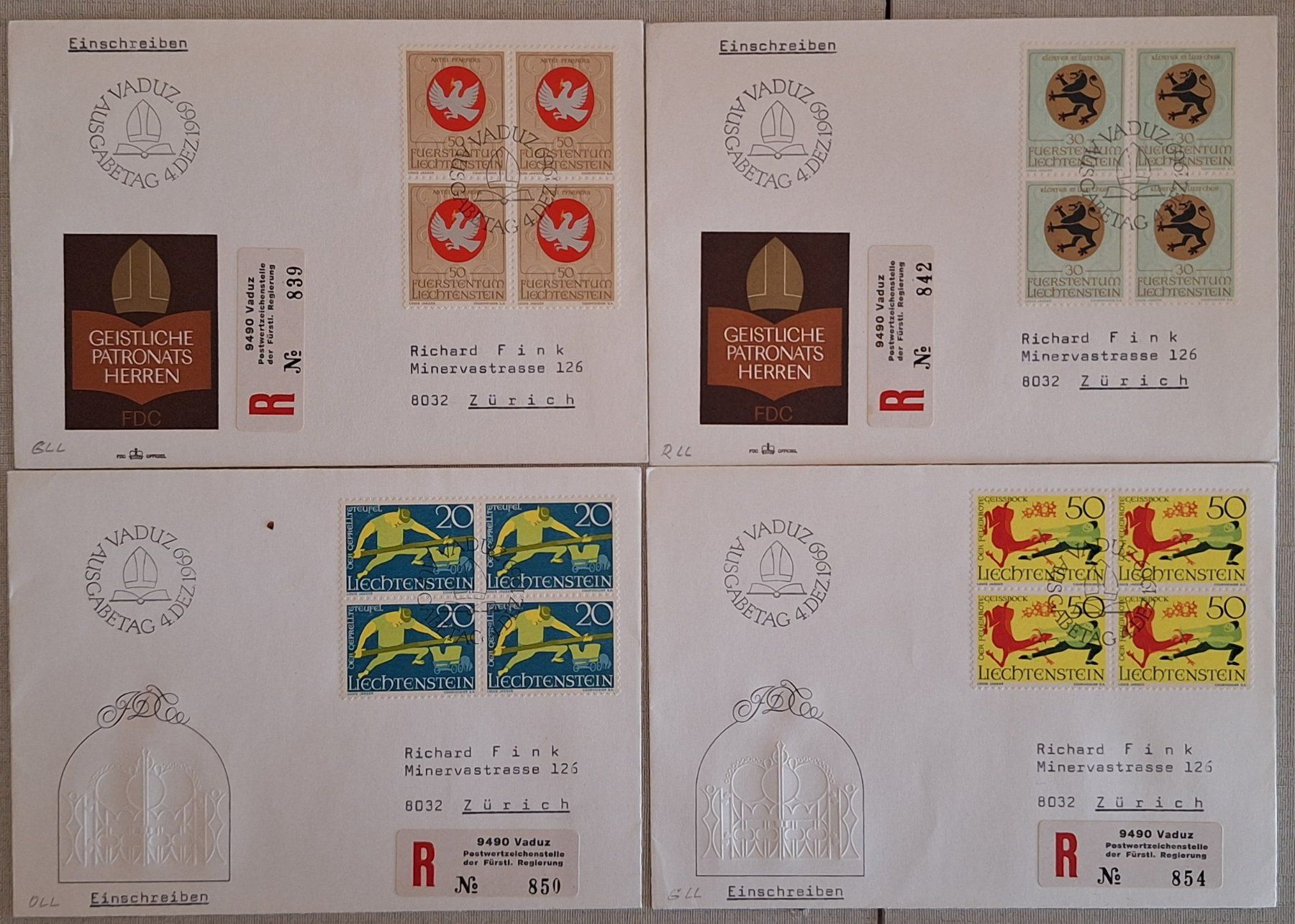 Alle Briefmarken: 4 enveloppes FDC Liechtenstein, 1969 – Gebraucht aus Genève von JLV01