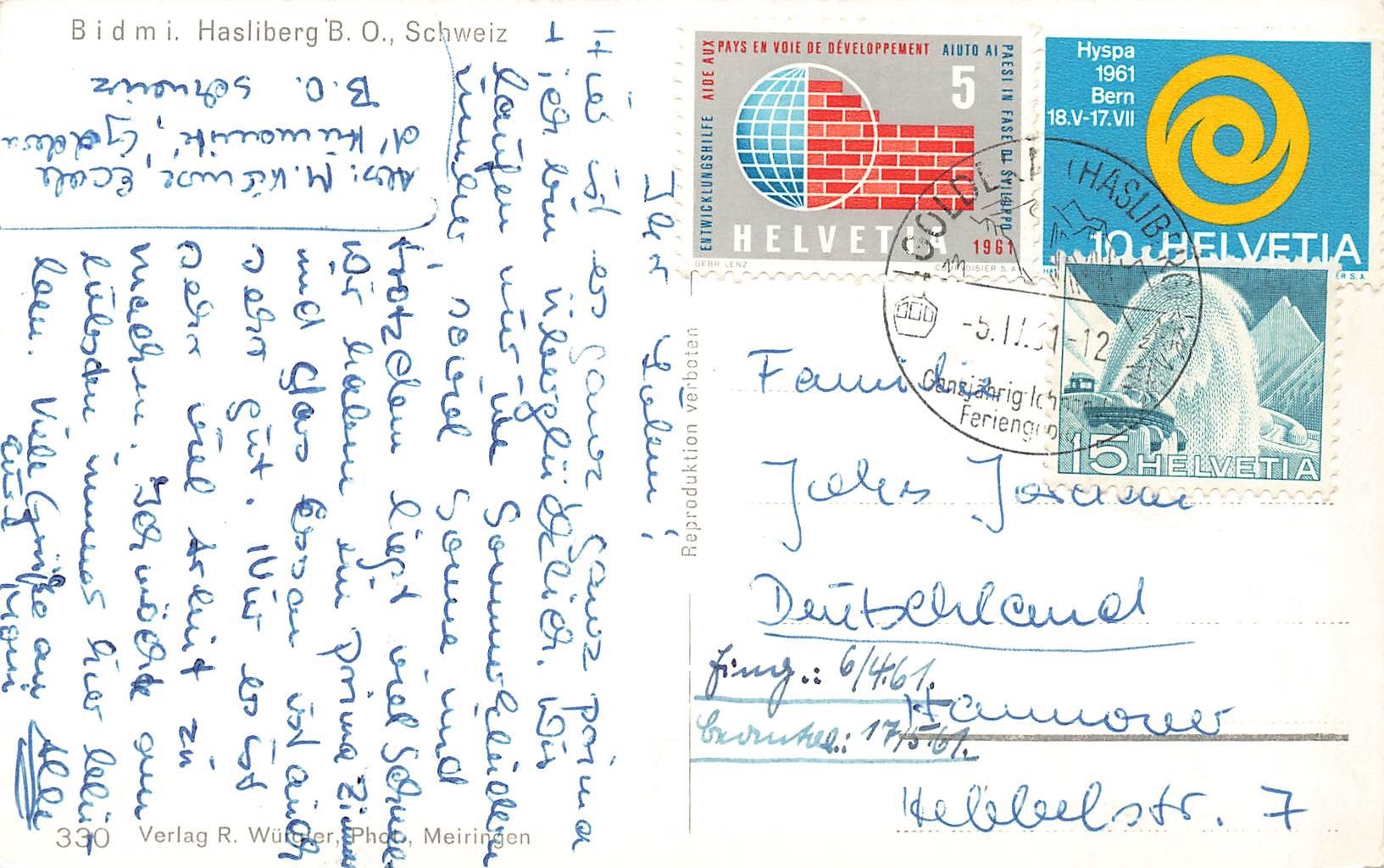 Cartoline postali: Bidmi Hasliberg B.O. Schweiz – Usato da Biasca venduto da Blenio71 1