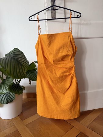 Zara Orange Linen Blend Mini Dress with Draped Detail - Size