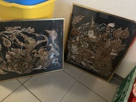 2 quadri thailandesi dipinti a mano con cornici dorate