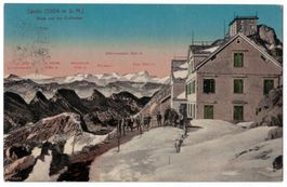 Säntis, Gesellschaft vor altem Hotel mit Stempel, gel. 1910