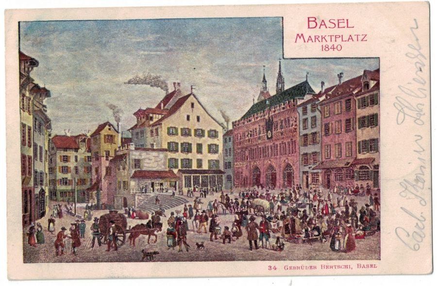 Cartoline postali: Basel, Markplatz um 1840, gelaufen 1900 – Usato da Frauenfeld venduto da POML